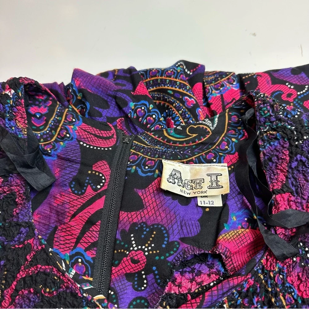 Vintage 1990s Paisley Drop Waist Midi Dress Purple Pink Bow Detail Boho - Picture 9 of 12